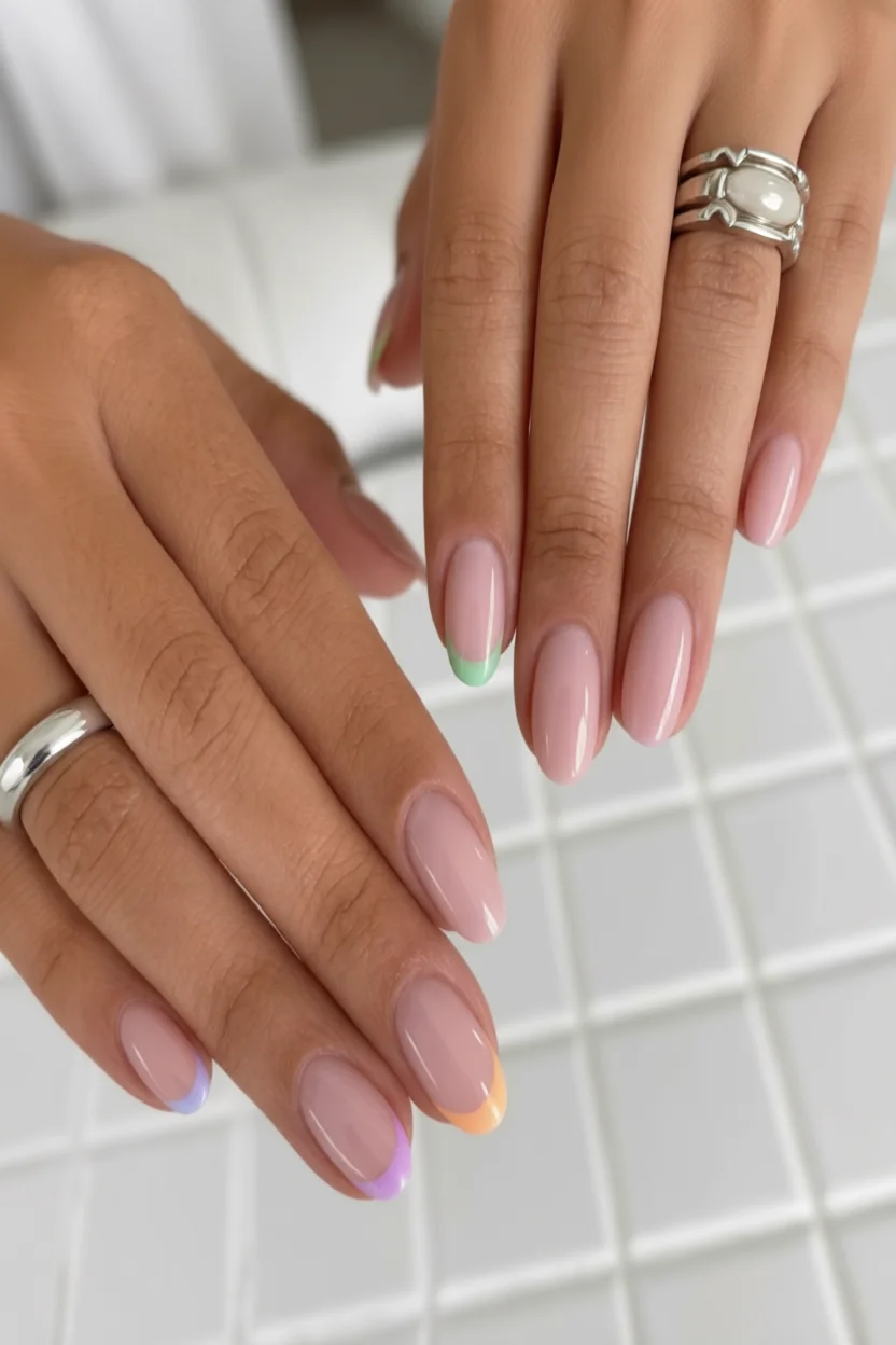 Uñas ovaladas con base rosa lechosa y puntas en colores pastel
