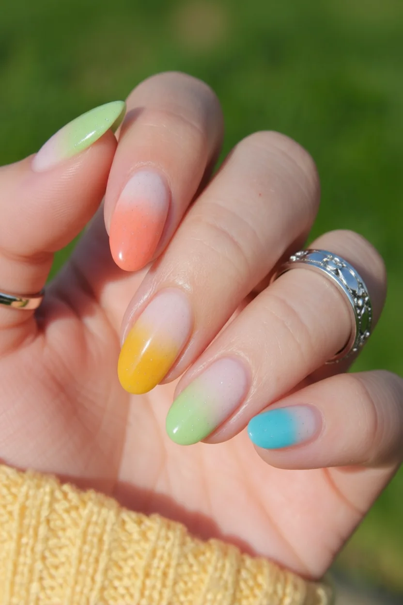 Uñas largas con degradado en tonos pastel verde, melocotón, amarillo y azul