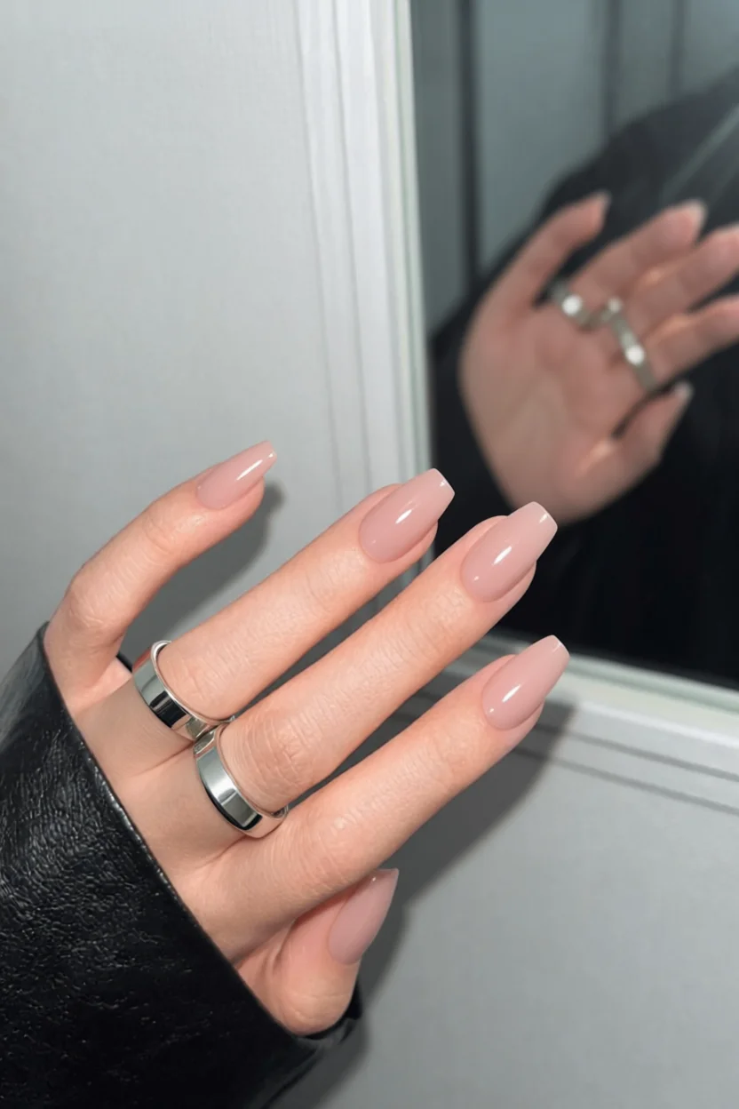 Uñas largas cuadradas con esmalte nude brillante y anillos plateados