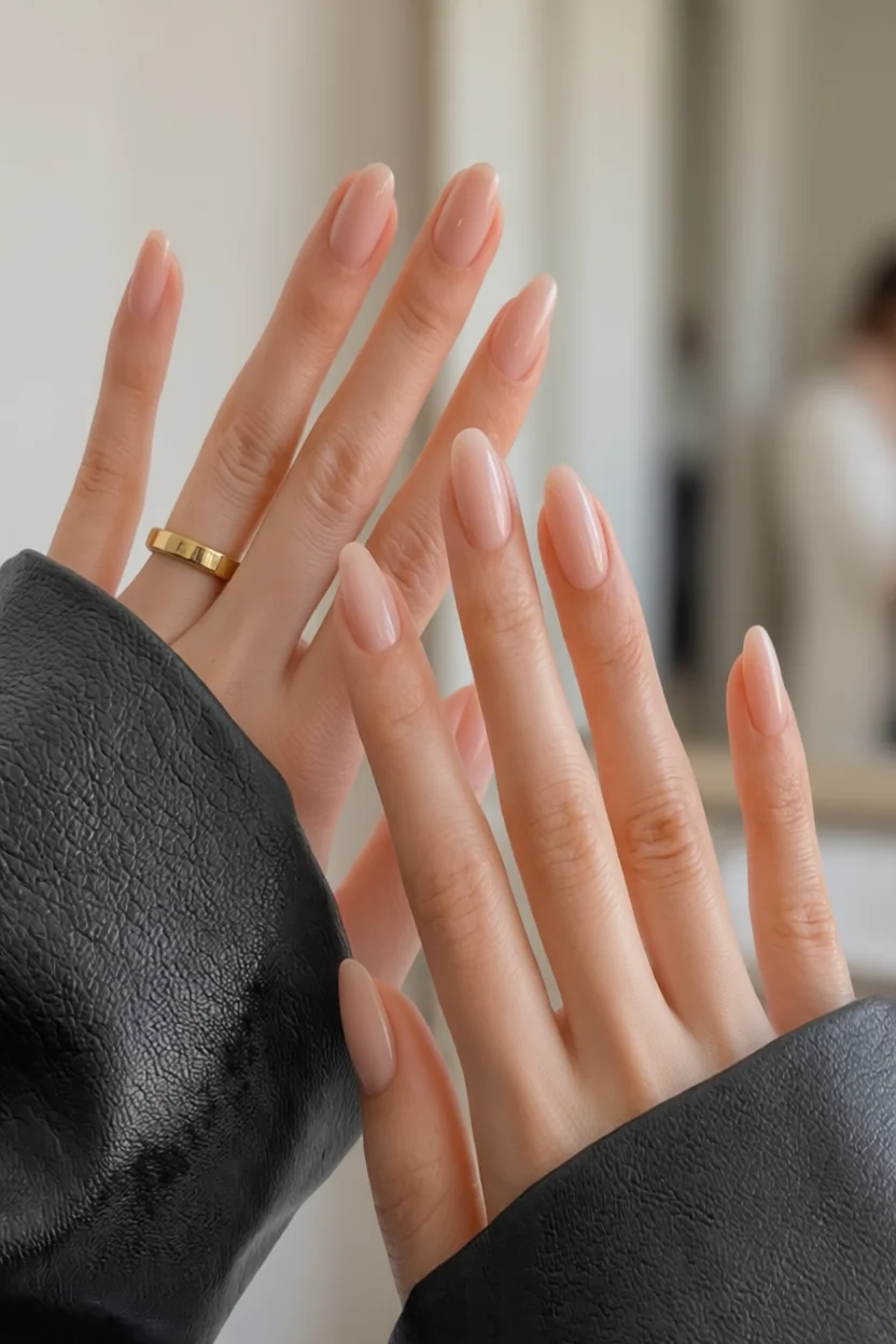 Mano con uñas almendradas en tono nude translúcido brillante