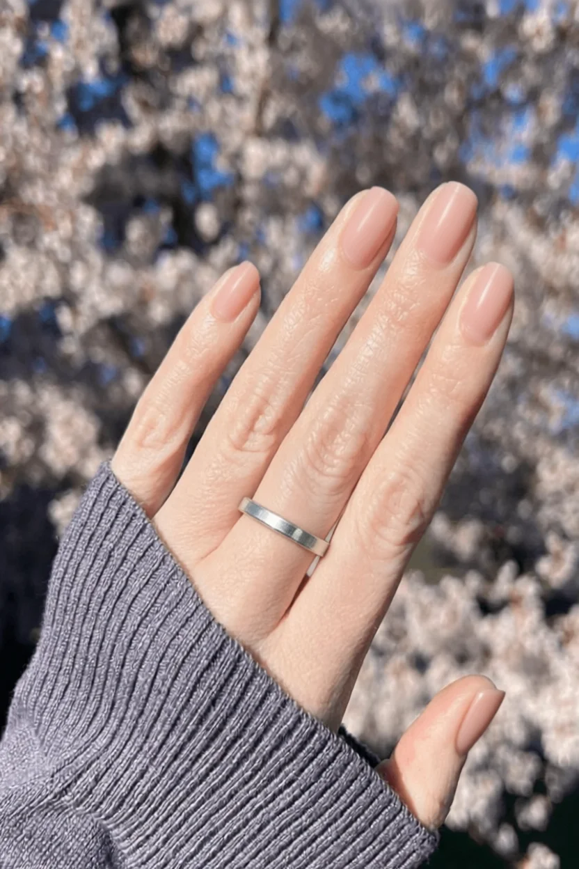 Mano con uñas ovaladas nude brillante bajo el sol