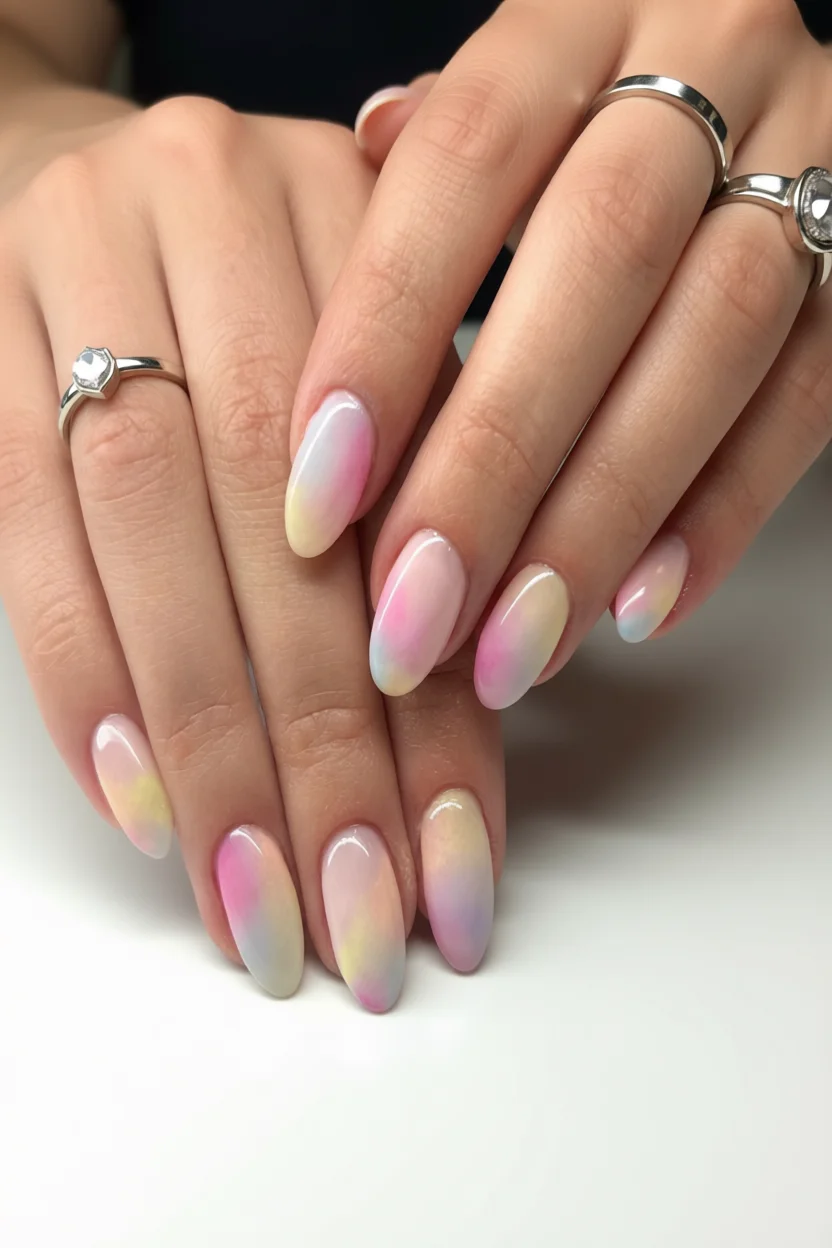 Uñas largas en forma almendrada con degradado pastel en tonos rosa, amarillo y lavanda