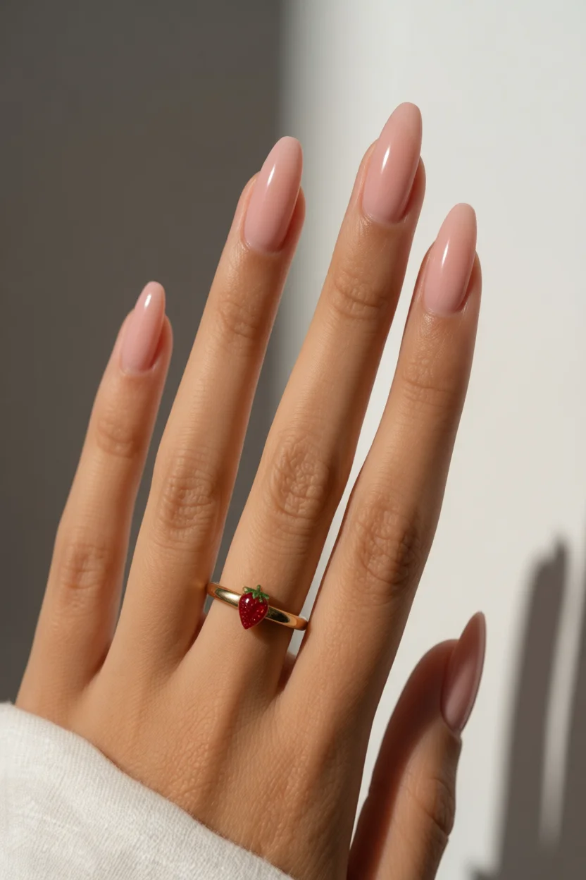 Mano con uñas largas almendradas color nude rosado brillante y anillo dorado con forma de fresa