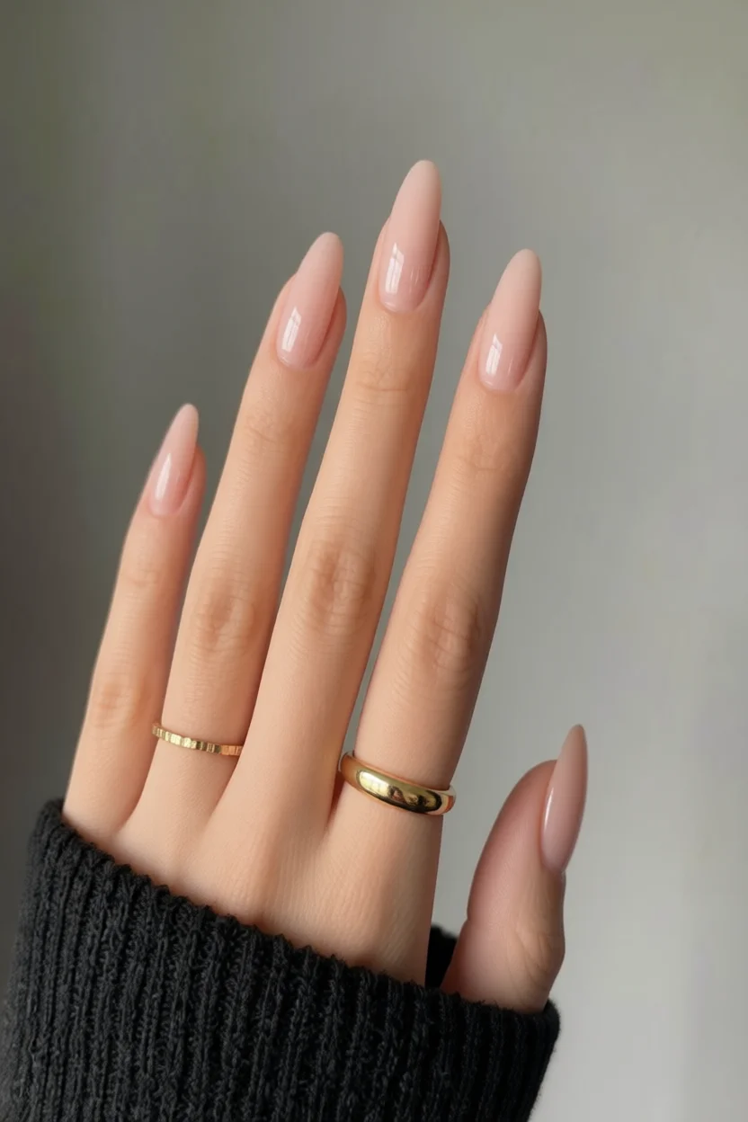 Mano femenina con uñas largas en forma almendrada pintadas de nude brillante con anillos dorados