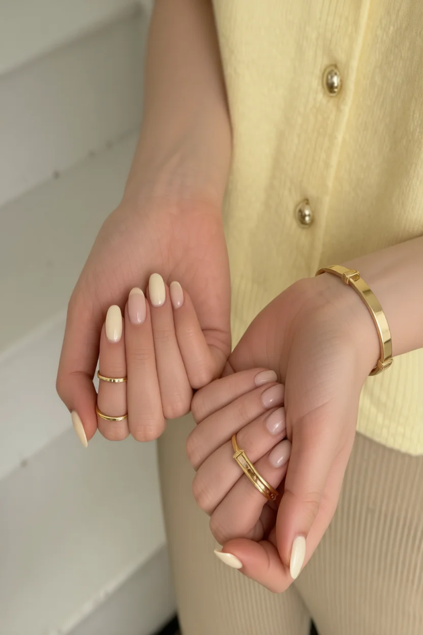 Uñas almendradas en dos tonos crema con accesorios dorados