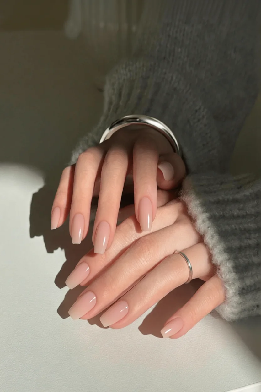 Uñas largas en forma de almendra con esmalte nude rosado y brillo natural