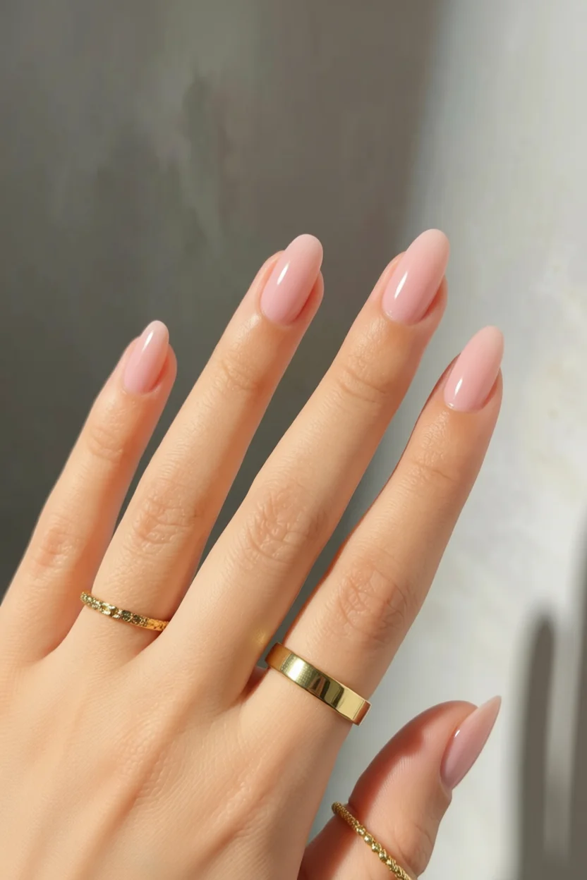 Mano con uñas largas forma almendrada en color rosa nude brillante y anillos dorados