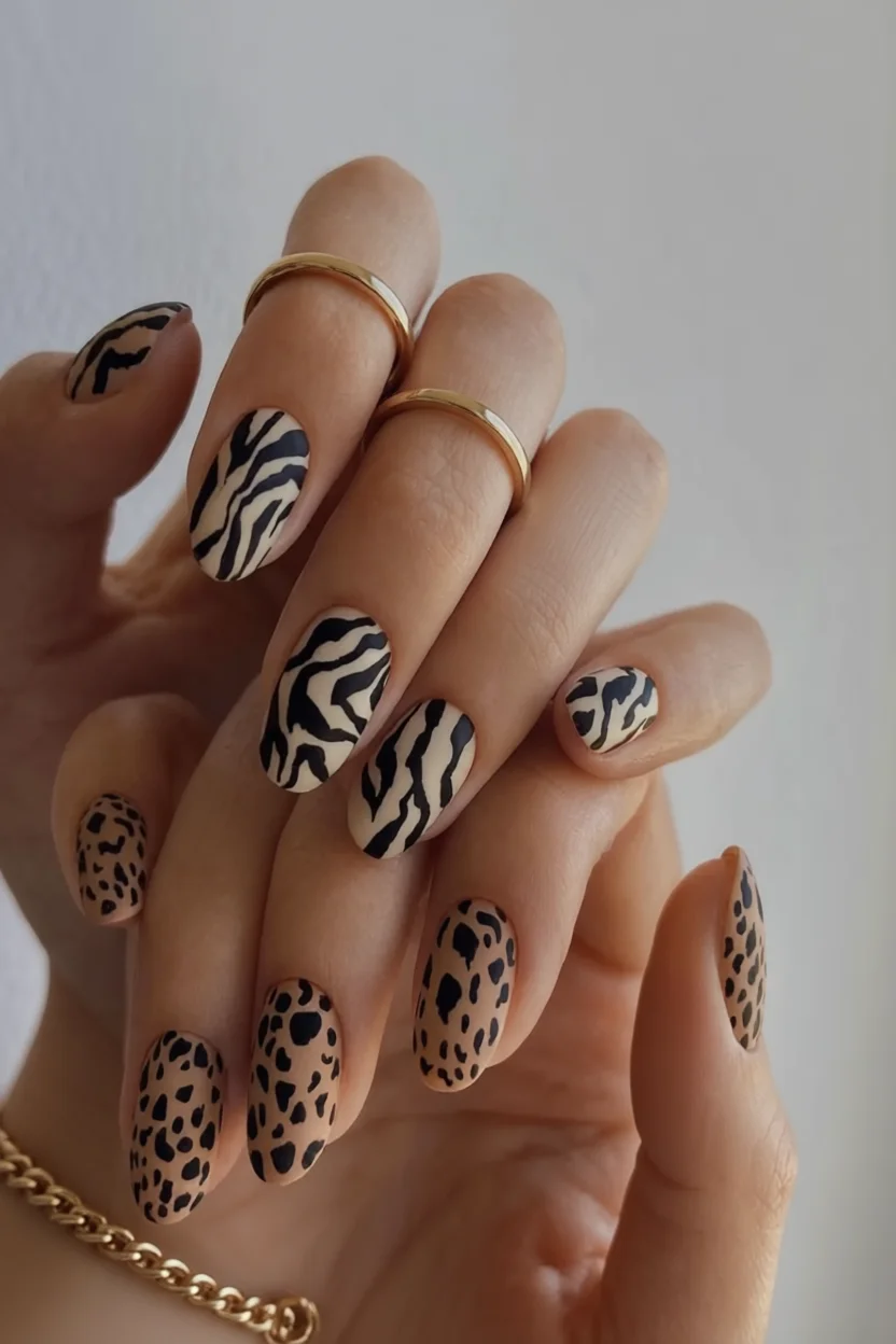 Mano con uñas ovaladas decoradas con estampados de zebra y leopardo en tonos nude y negro