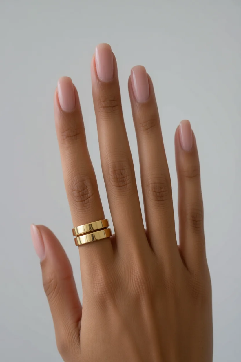 Uñas largas ovaladas con esmalte nude rosado y brillo natural