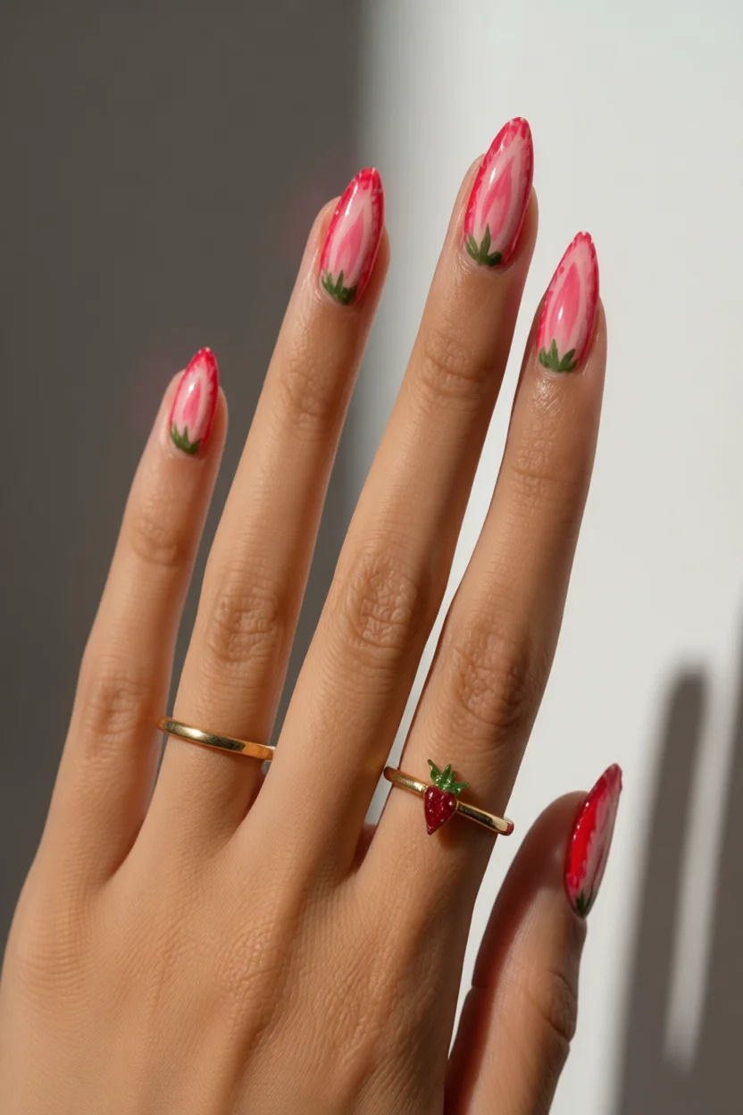Uñas largas almendradas con diseño de fresa en rosa y blanco con detalles verdes