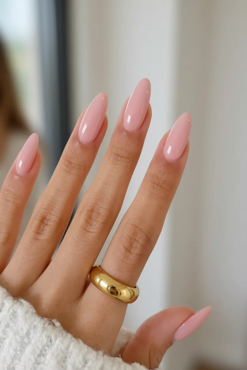 Mano con uñas largas en forma de almendra pintadas de rosa pastel brillante