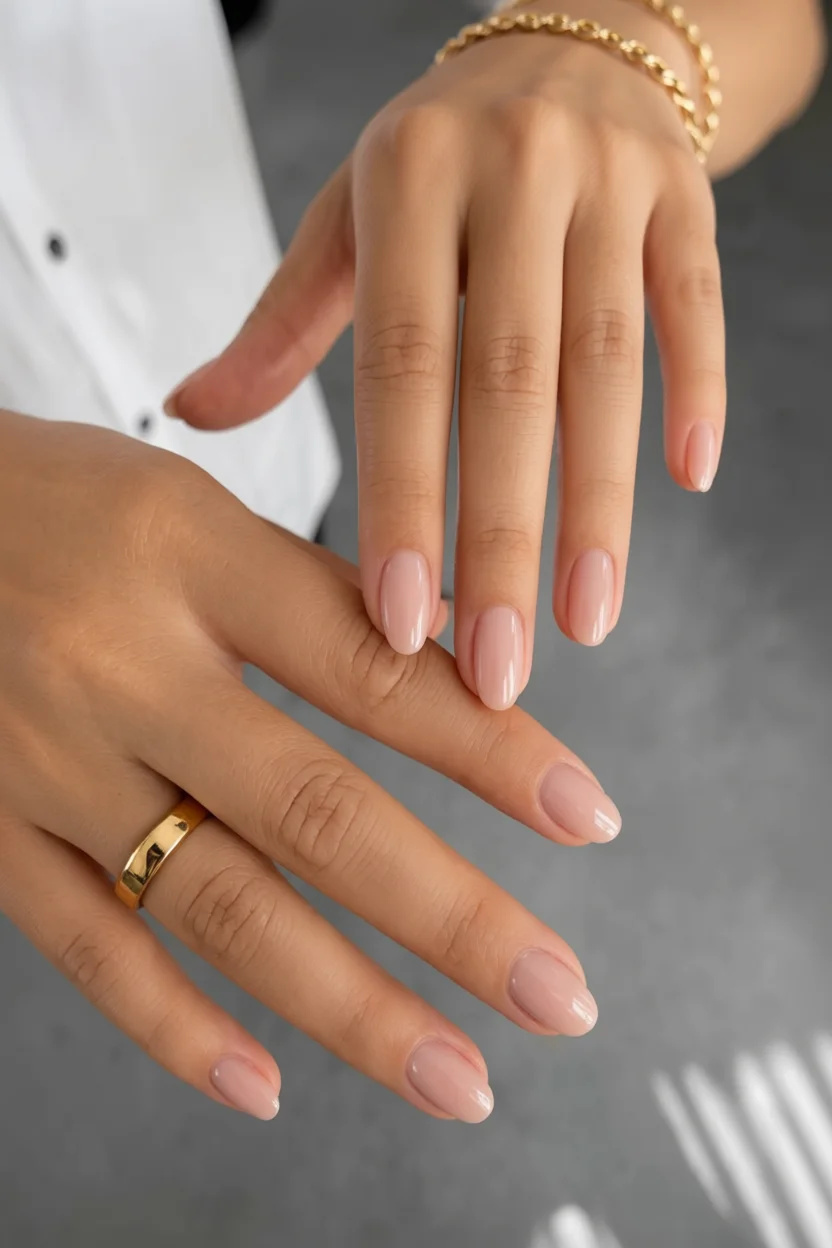 Uñas ovaladas con esmalte nude rosado brillante en manos con accesorios dorados