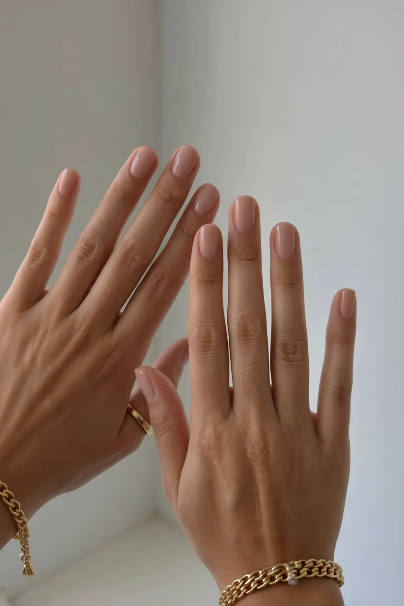 Uñas ovaladas en tono nude con acabado brillante