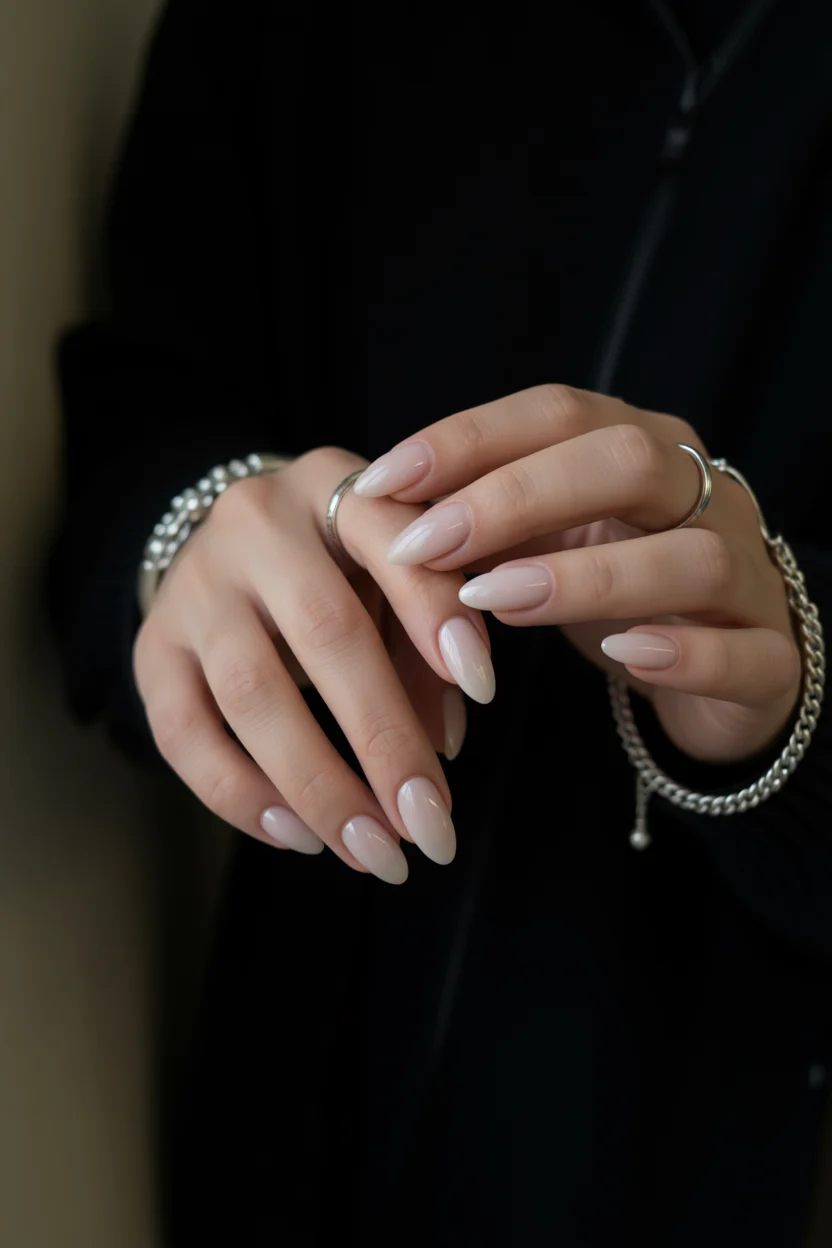 Mano con uñas largas en forma de almendra color nude brillante y accesorios de plata