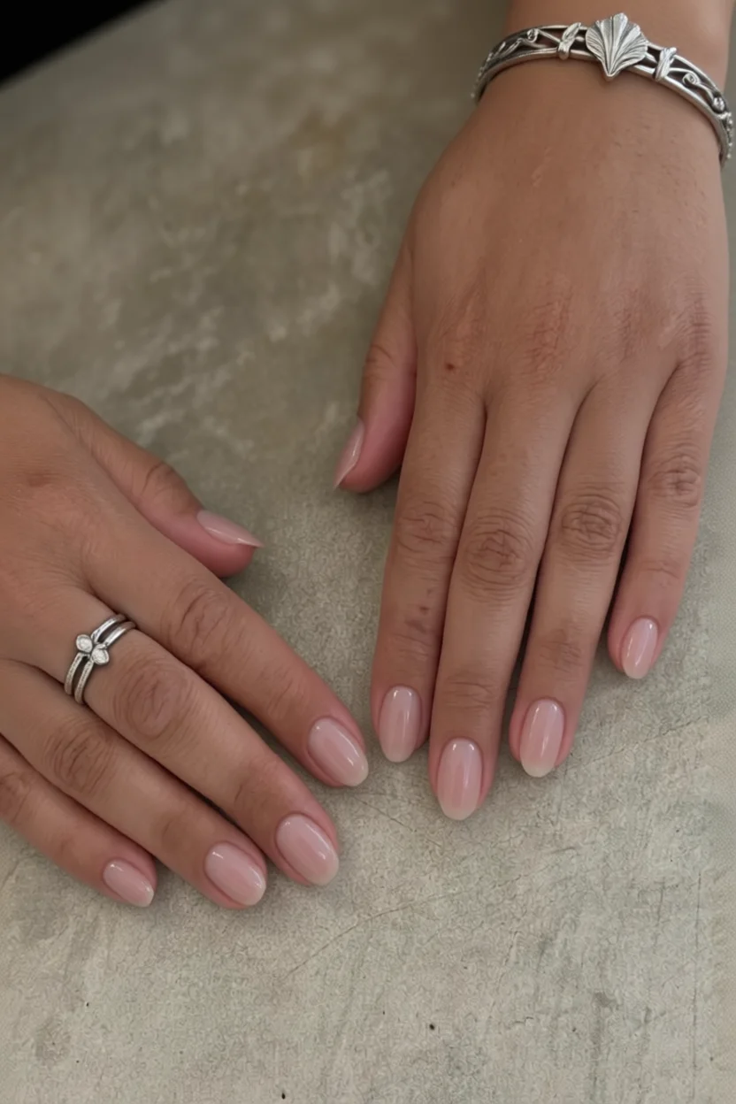 Uñas ovaladas con esmaltado nude brillante y manicure natural