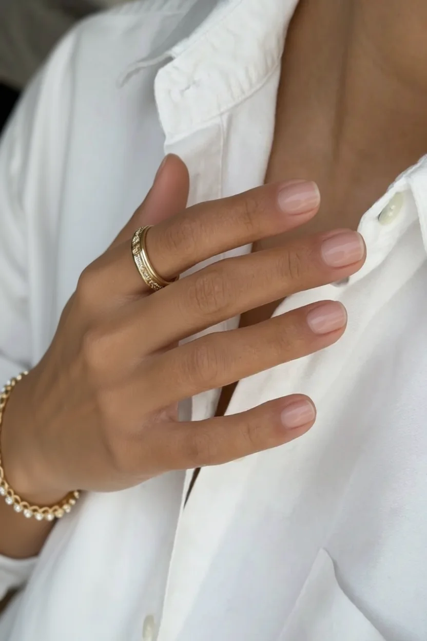 Mano con uñas cortas nude brillante efecto glass y anillo dorado