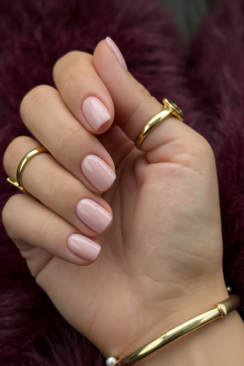 Uñas ovaladas largas en tono nude rosado con acabado brillante y elegante