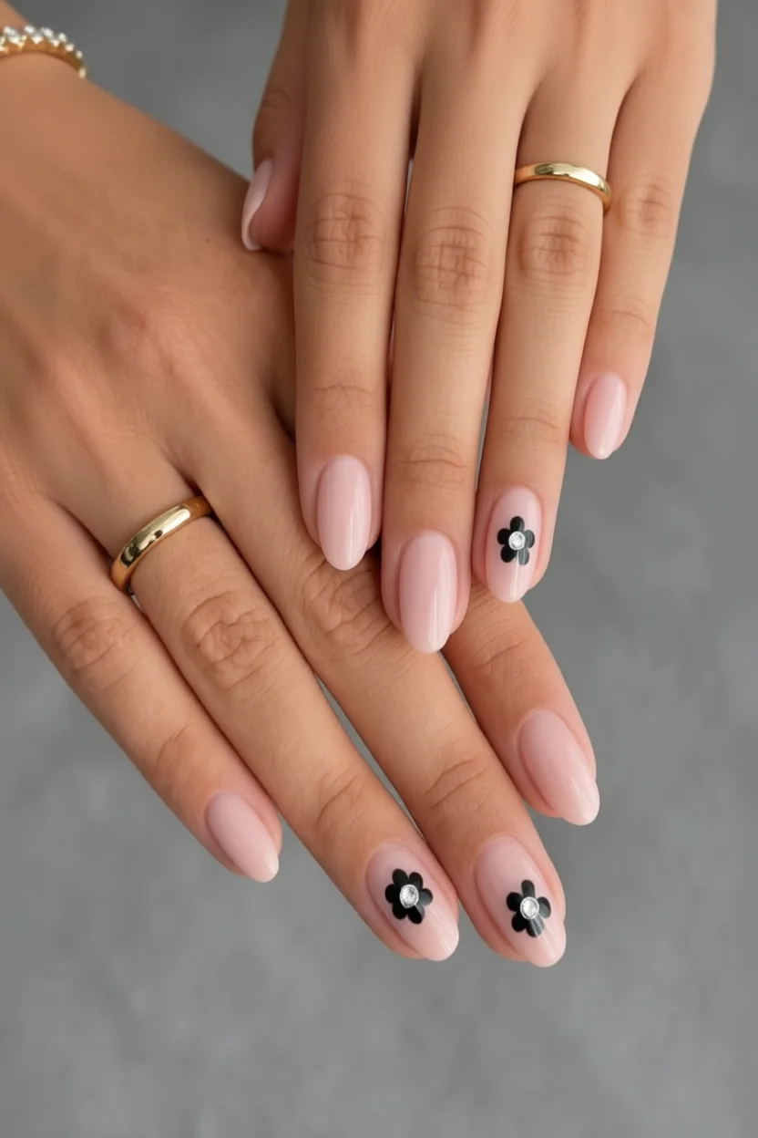 Uñas rosadas con flores negras decoradas con brillantes