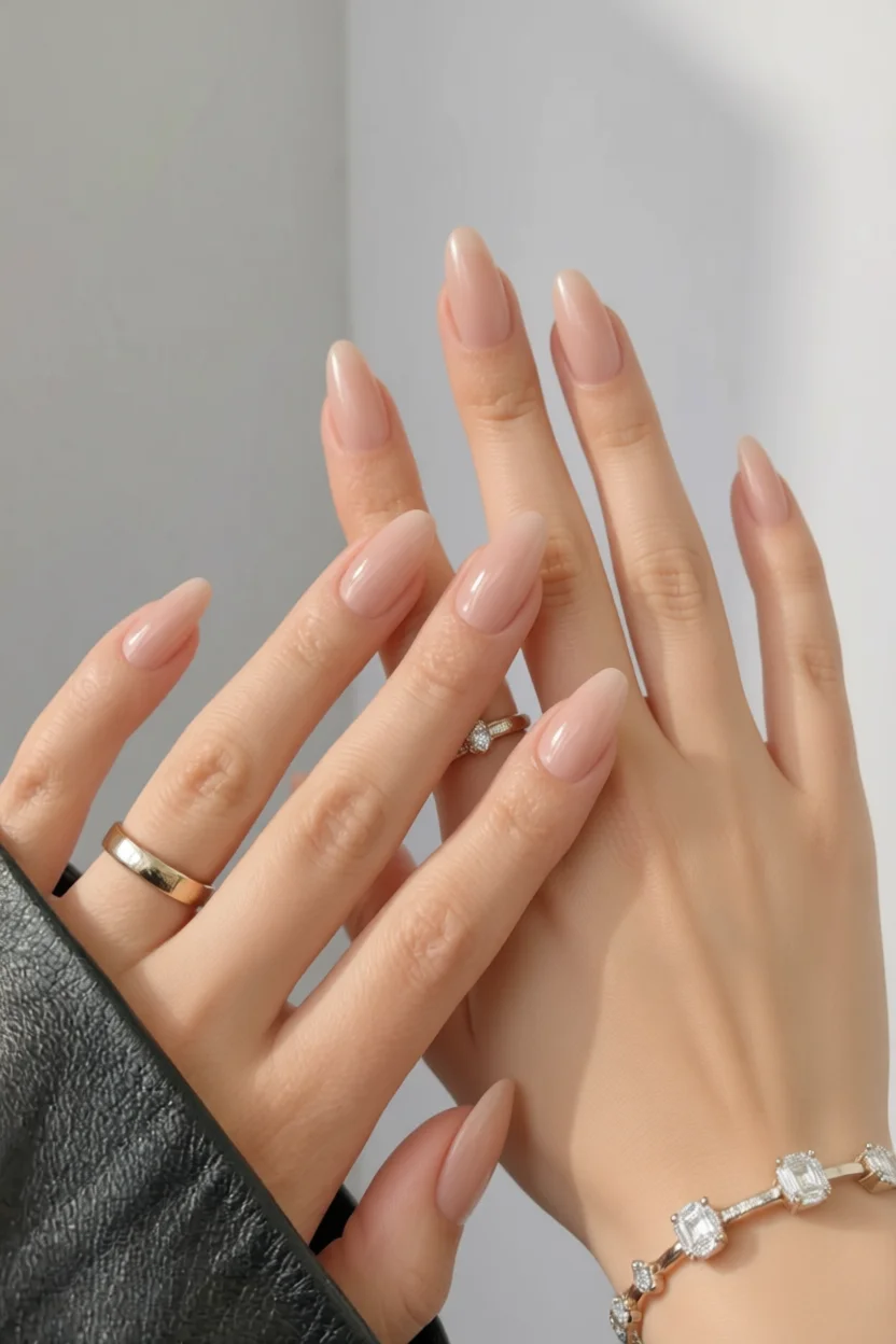 Uñas largas en forma almendrada color nude con brillo natural