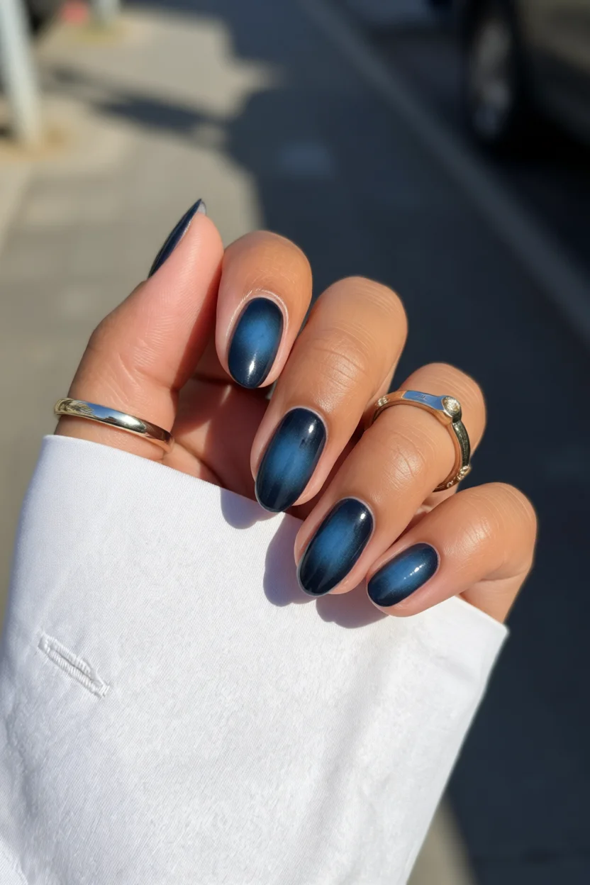 Uñas ovaladas largas con degradado azul oscuro a negro y acabado brillante