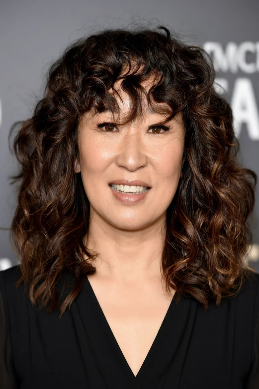 Sandra Oh con corte rizado de largo medio y ondas sueltas