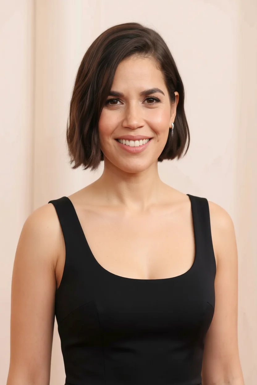 Mujer con corte bob corto oscuro hasta la mandíbula y raya al lado