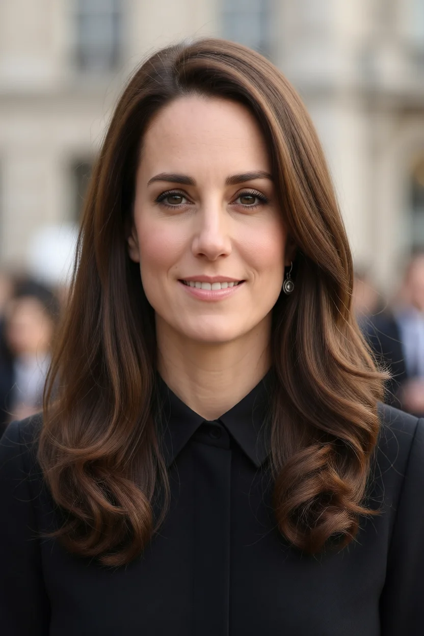 Mujer con cabello largo castaño ondulado y brillo natural