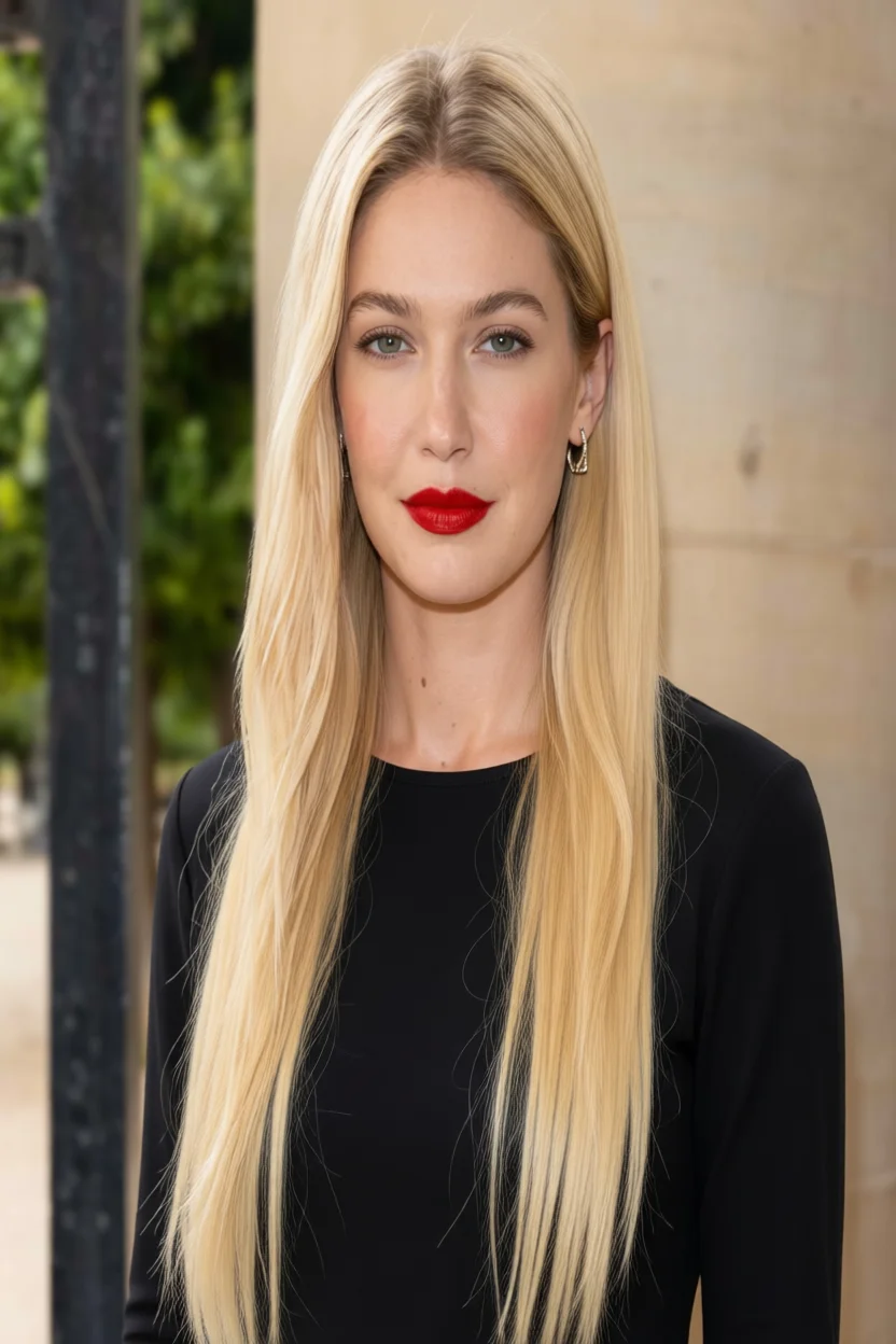 Mujer con cabello largo liso rubio cenizo y raya al medio