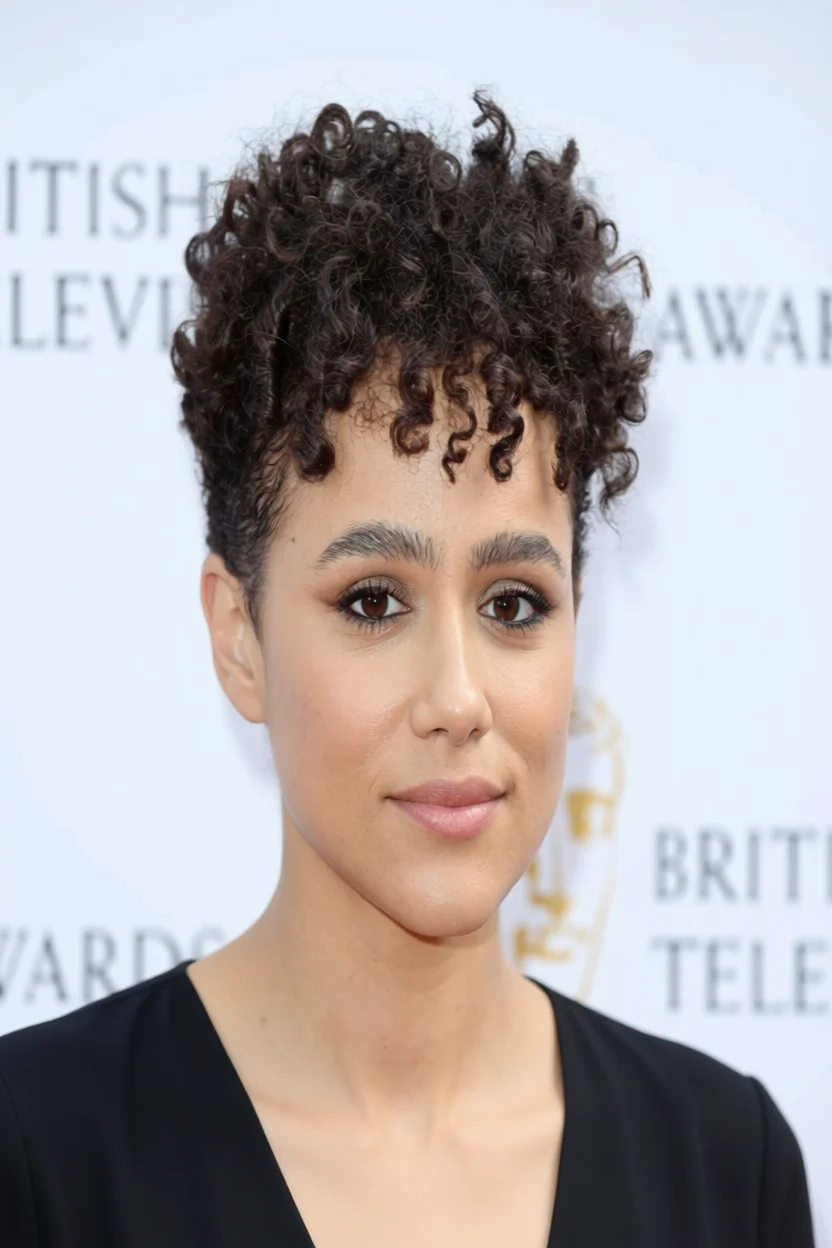 Mujer con corte de pelo corto rizado natural tipo afro