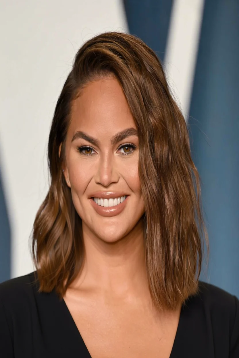 Corte de cabello a media melena con ondas suaves y raya al lado en tono castaño