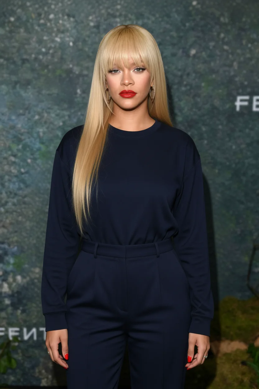 Rihanna con corte largo liso rubio platino y flequillo recto