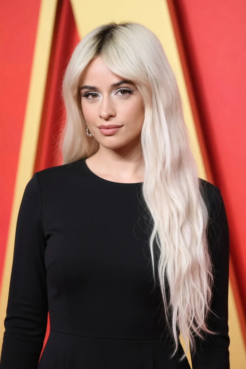 Mujer con cabello largo rubio platino, flequillo recto y ondas naturales sobre un hombro