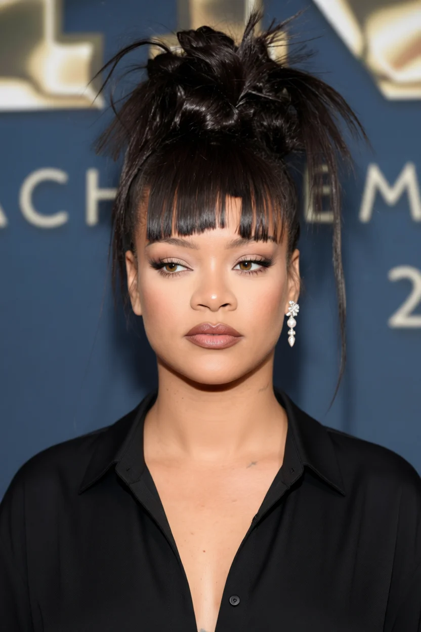 Rihanna con moño alto desstructurado y flequillo recto cortado al ras