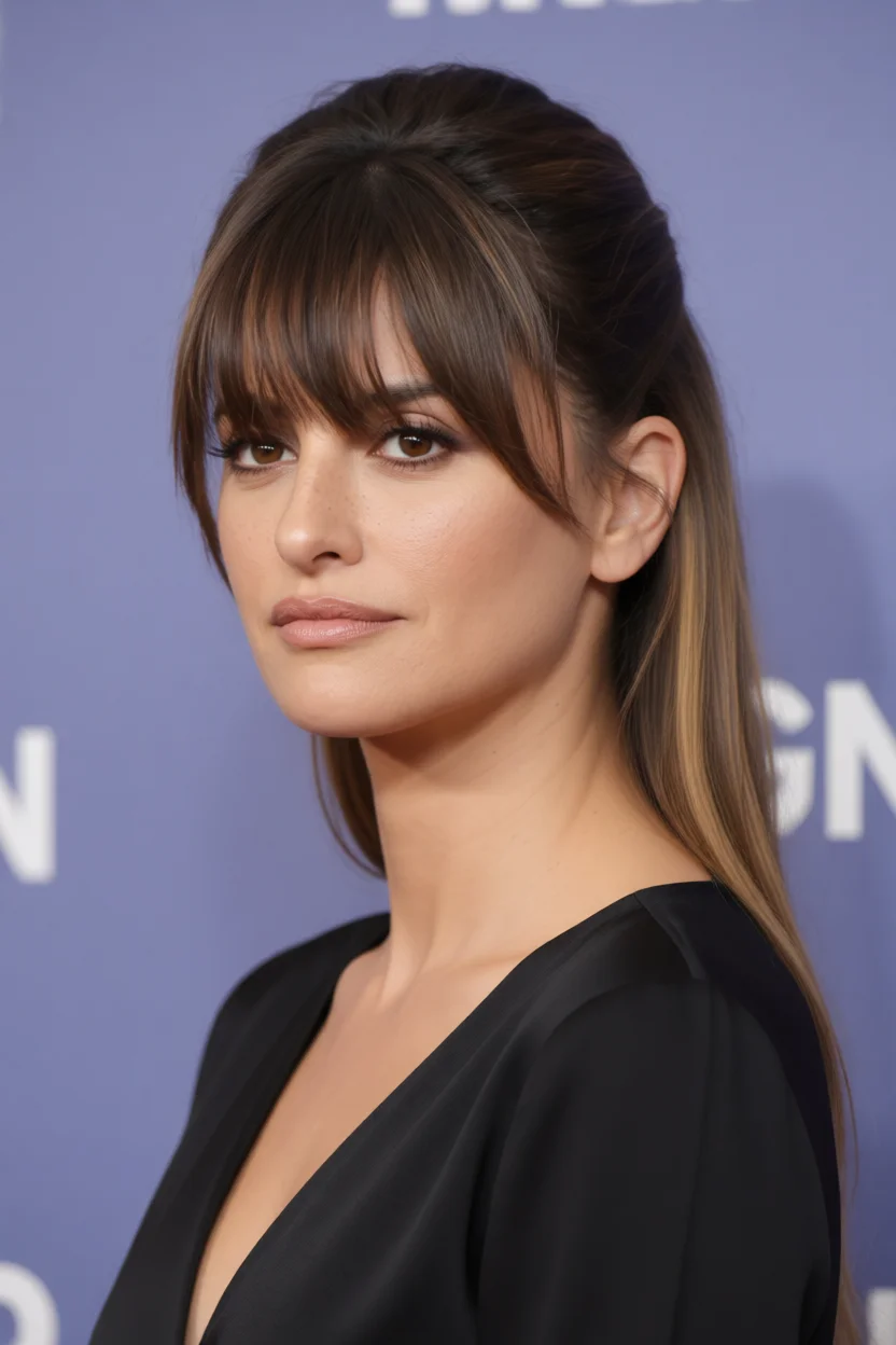 Mujer con coleta semirrecogida, flequillo recto y cabello largo con mechas en tono castaño
