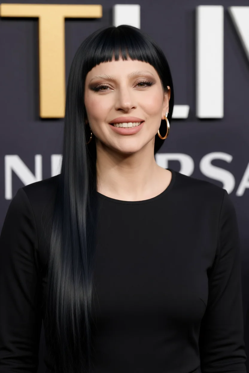 Lady Gaga con cabello largo negro liso y flequillo recto