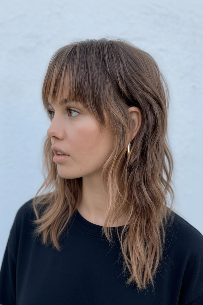 Mujer con corte largo en capas y flequillo recto, cabello castaño con mechas balayage