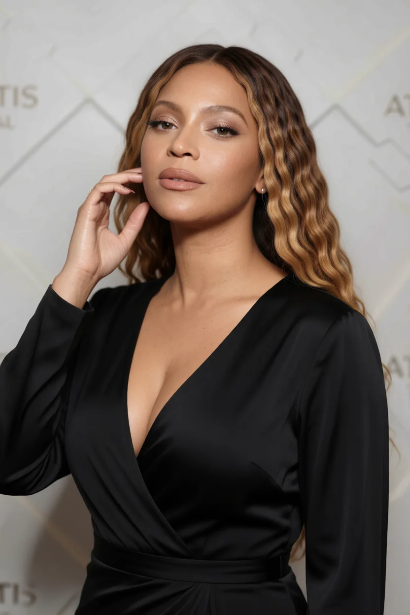 Mujer con cabello largo ondulado y reflejos balayage dorados