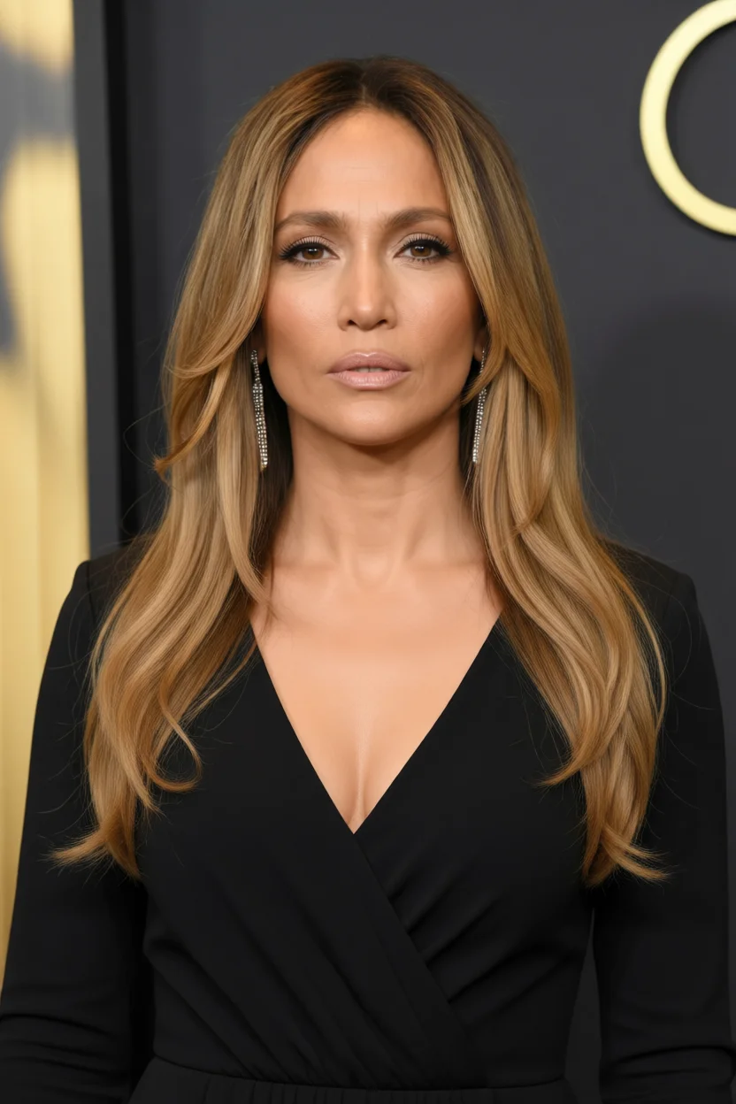 Jennifer Lopez con cabello largo ondulado y reflejos rubios