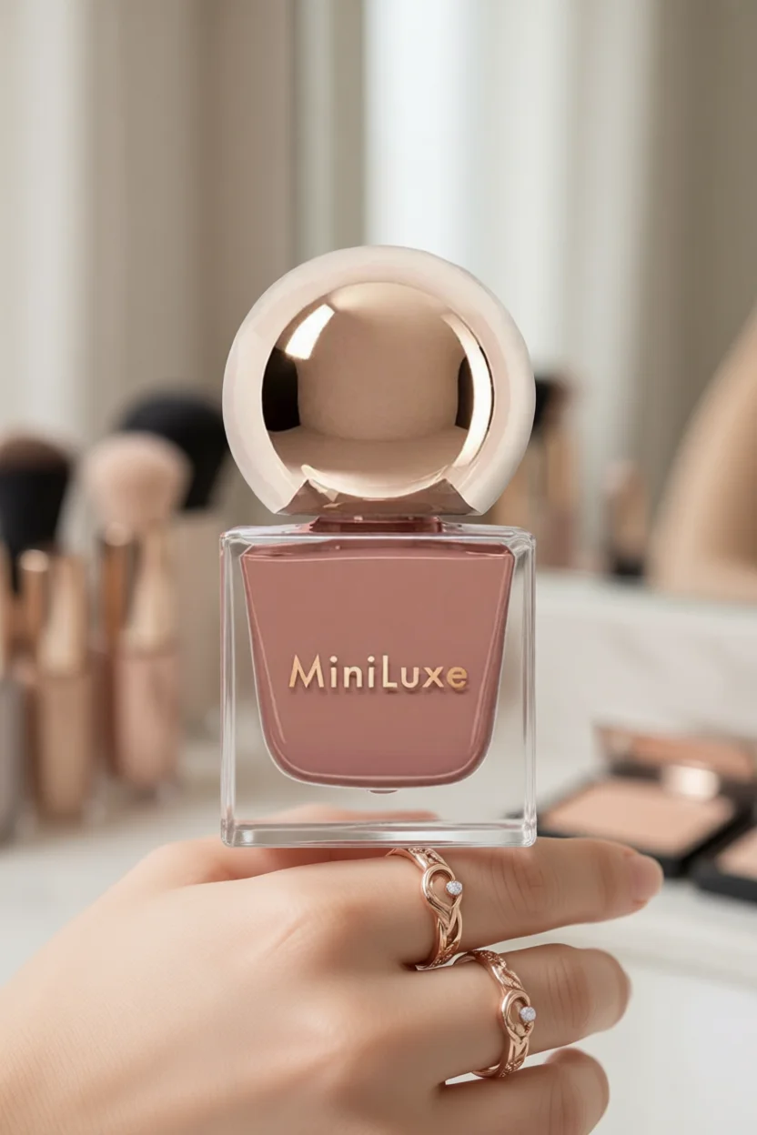Frasco de esmalte rosa nude MiniLuxe con tapa esférica dorada en mano con anillos