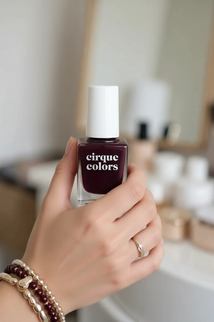 Mano sosteniendo esmalte burdeos Cirque Colors con tapa blanca