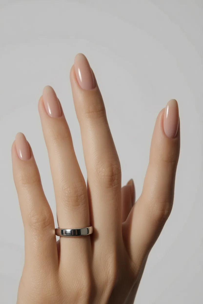 Mano con uñas almendradas en color nude rosado y anillo plateado