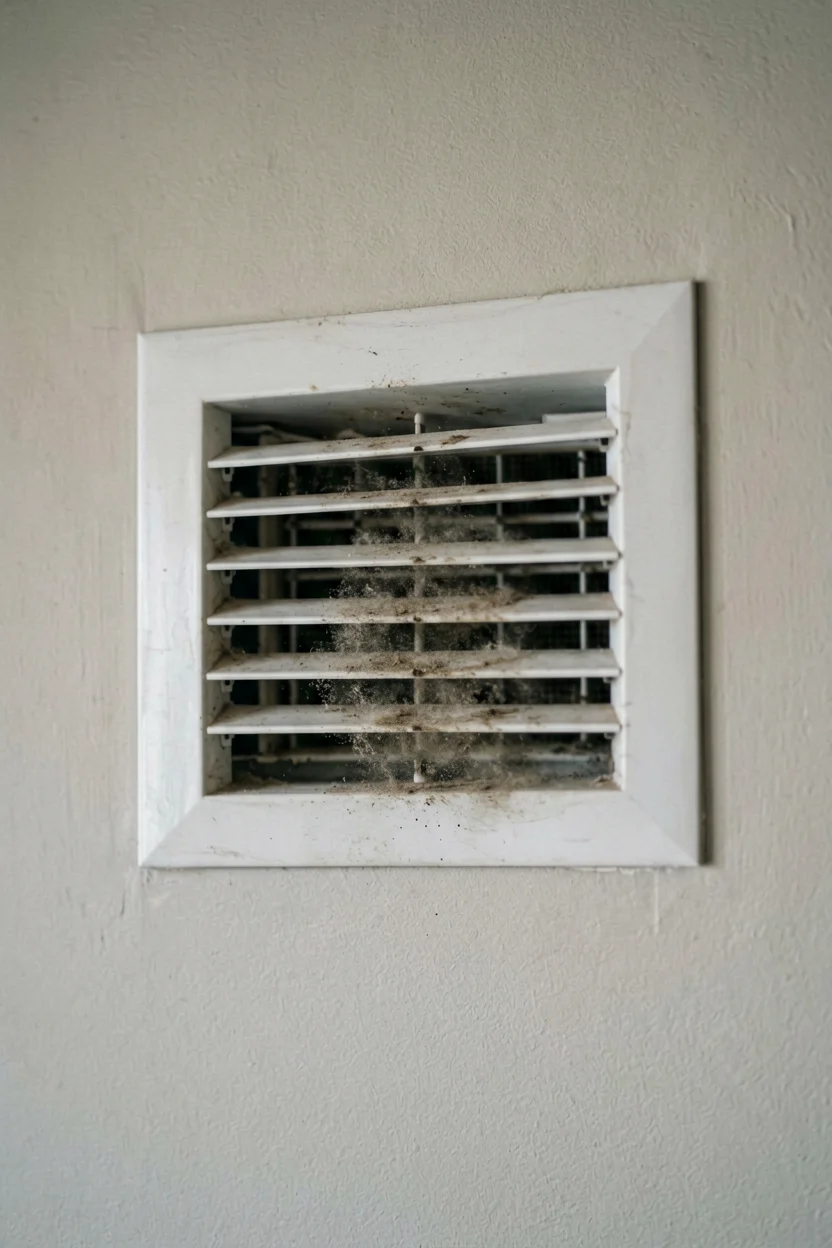Rejilla de ventilación con polvo acumulado en una pared clara
