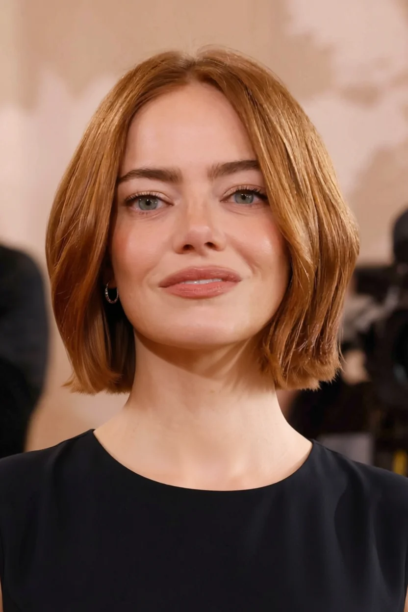 Mujer con corte bob corto hasta el mentón, raya al lado, ondas naturales y tono miel dorado