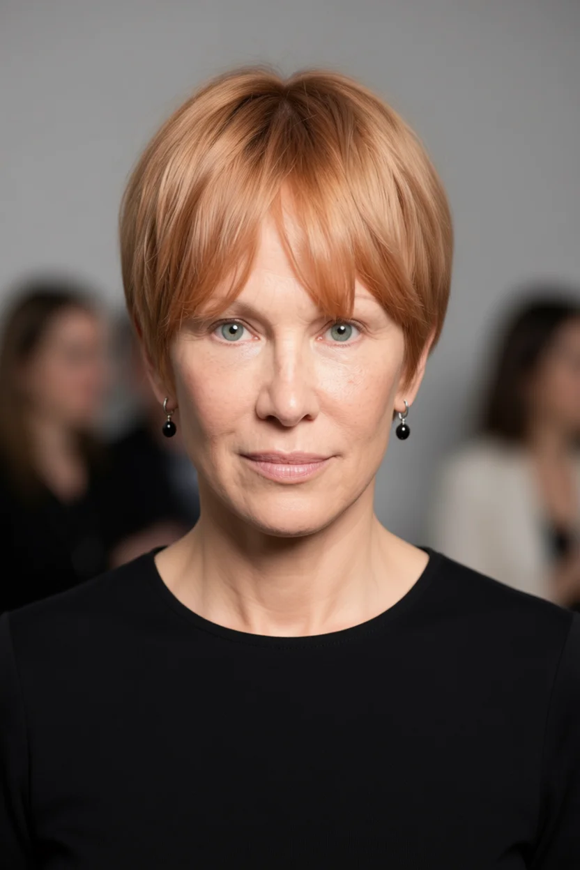 Mujer madura con corte de cabello corto en tono rojizo cobrizo y flequillo lateral