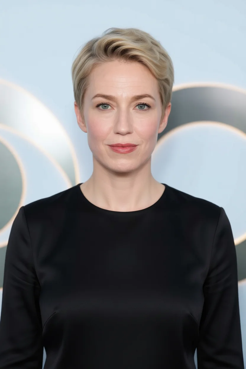 Mujer con corte pixie corto rubio peinado hacia un lado con volumen