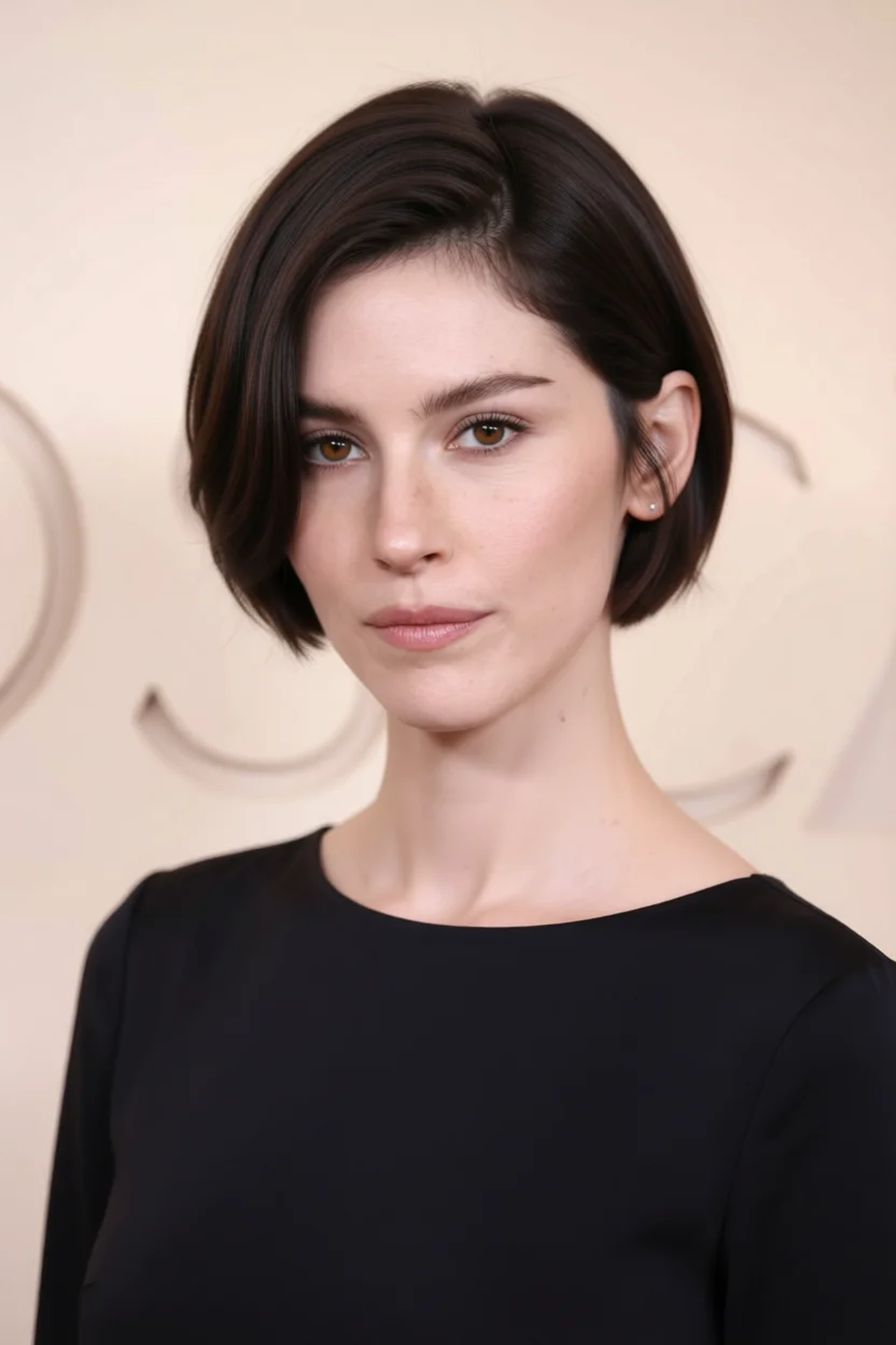 Mujer con corte bob corto color castaño oscuro liso con raya al lado