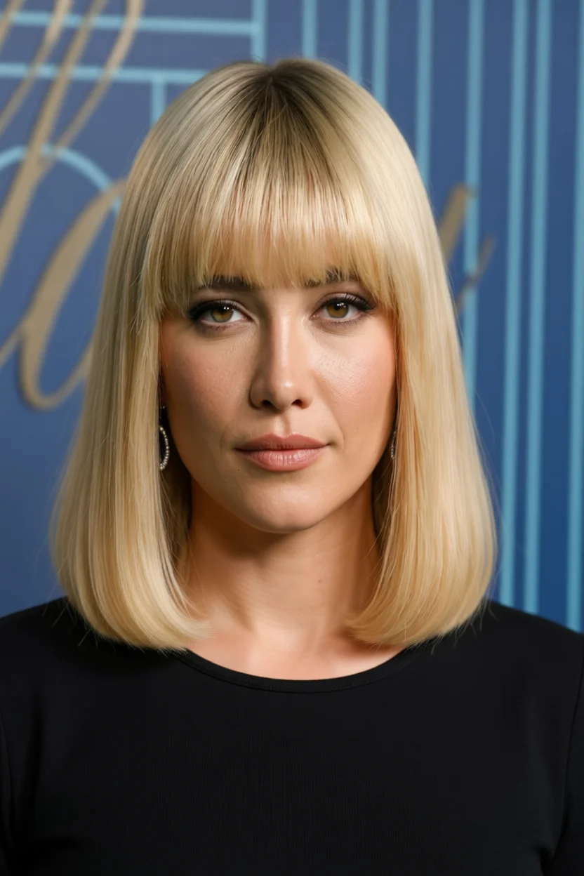 Mujer con corte bob corto color rubio platinado y flequillo recto