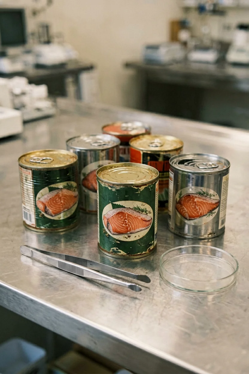 Latas de conserva antiguas de salmón apiladas en una mesa de laboratorio junto a instrumental científico