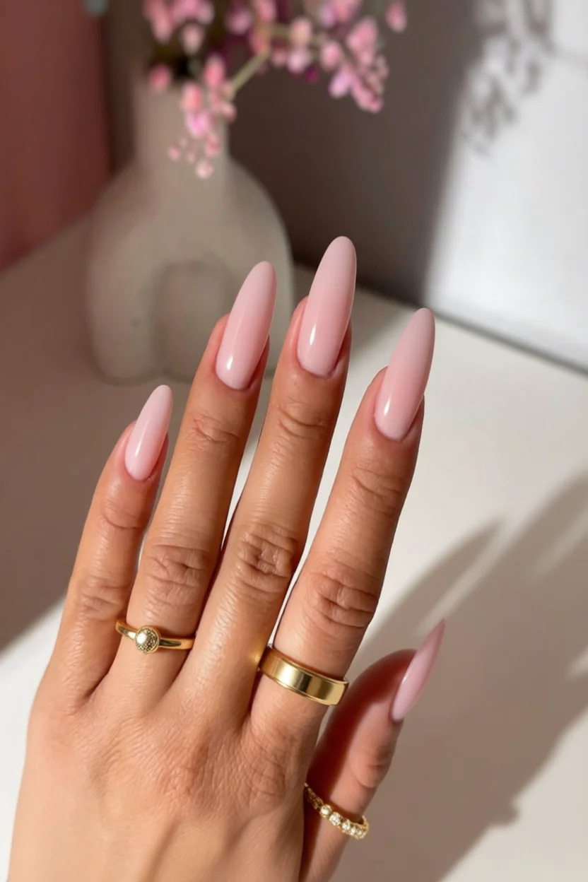 Mano con uñas almendradas largas esmaltadas en rosa pastel
