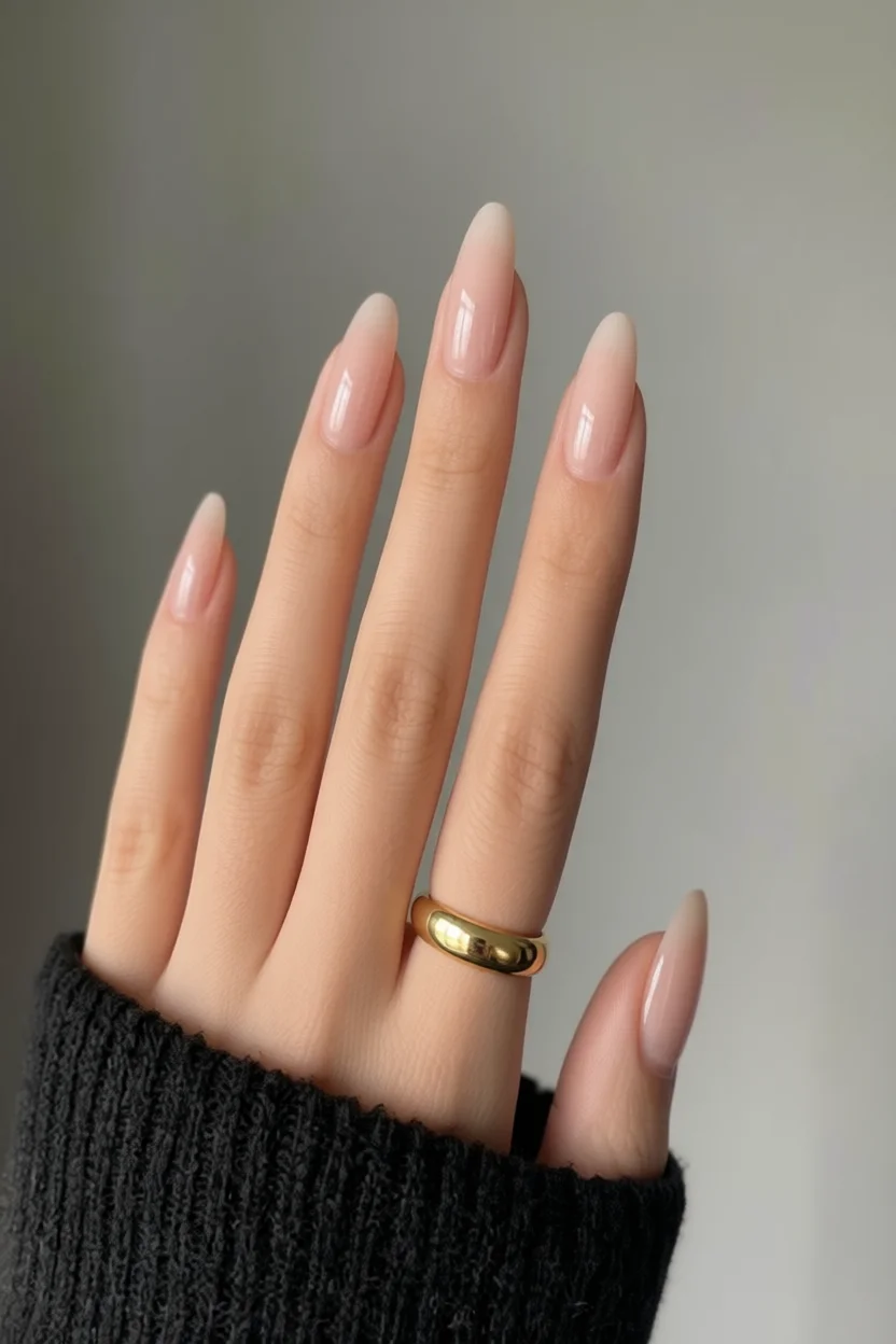 Mano con uñas largas forma almendra en tono nude rosado con brillo natural y suave degradado en las puntas